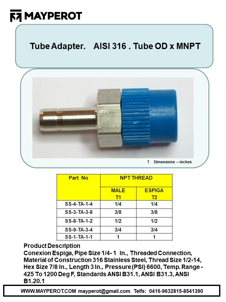 Tube adapter OD x MNPT ADAPTADOR, extremos odxmnpt.SS 316